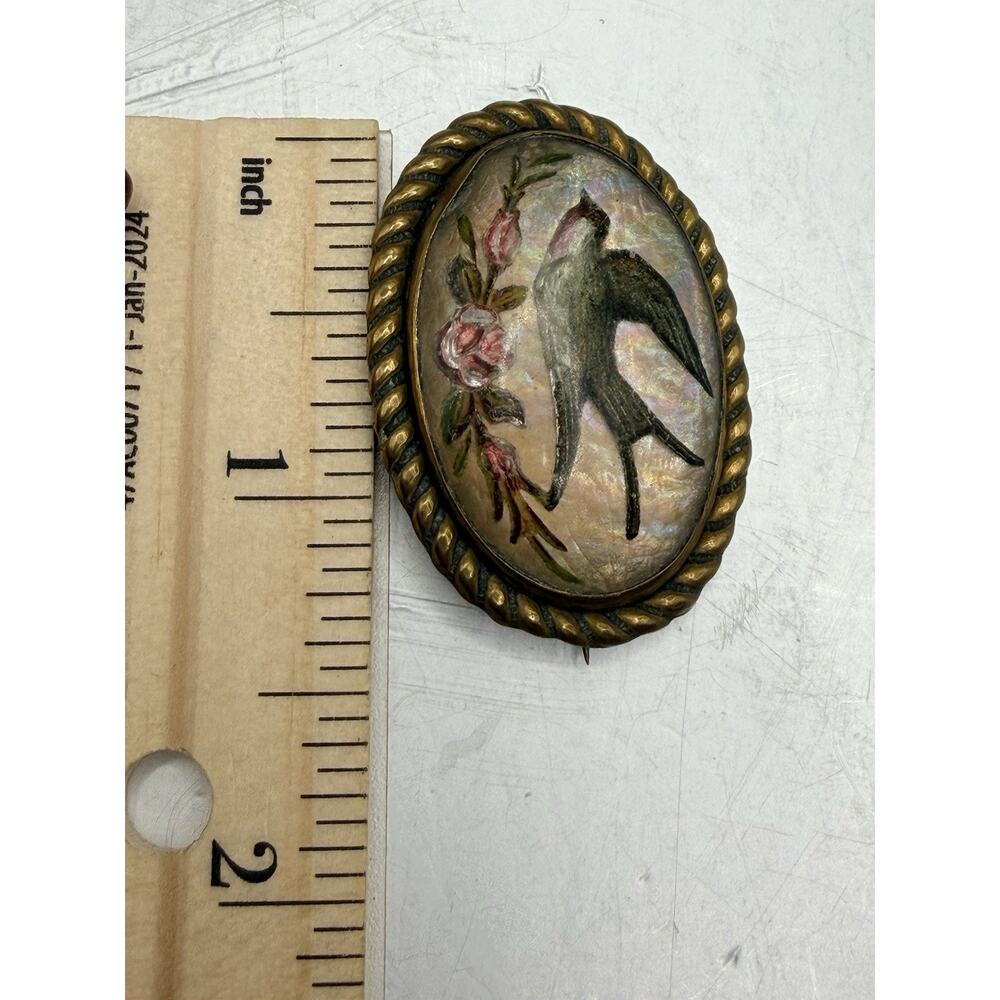1900's Victorian Reverse Painted Swallow Bird Lapel Pin Brooch Bubble Glass Pink - Picture 10 of 11